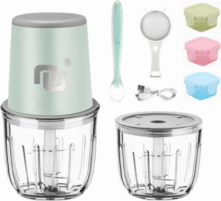 "Portable Rechargeable Baby Food Processor with Glass Containers and Spoon"