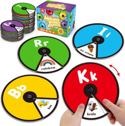 "Interactive Alphabet Spinning Card Set for Toddlers: Educational Learning Game with ABC Letters, Numbers, Colors, and Sight Words - Montessori Toy Gift for Preschoolers"