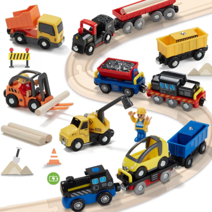 12-Piece Battery Operated Train Set - Magnetic Mini Construction Cars for Toddlers, Compatible with Most Wooden Tracks!