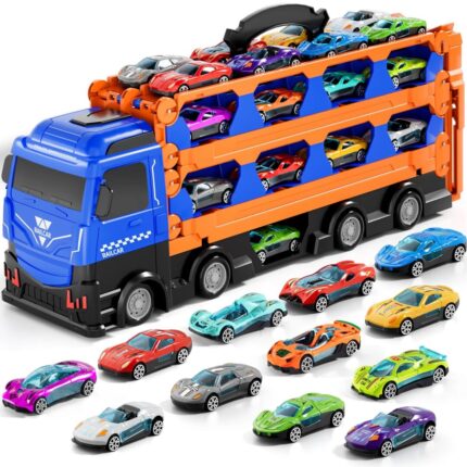 Large Transporter Truck Toy Set with 24 Alloy Sports Cars - Educational Inertial Vehicle Gifts for Children