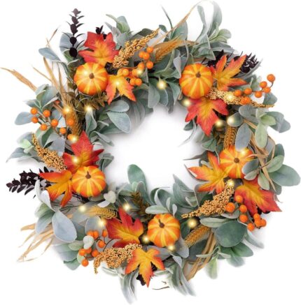 Stunning 24'' Collapsible Fall Wreath with Lights - Silk Lambs Ear & Pumpkins for Autumn Door Decor, Perfect for Halloween & Thanksgiving!