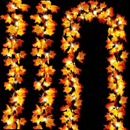 30Ft Fall Garland with Timer - 60 LED Realistic Maple Leaf Lights for Stunning Autumn Home Decor - Battery Operated Thanksgiving & Halloween Decorations for Indoor/Outdoor Use